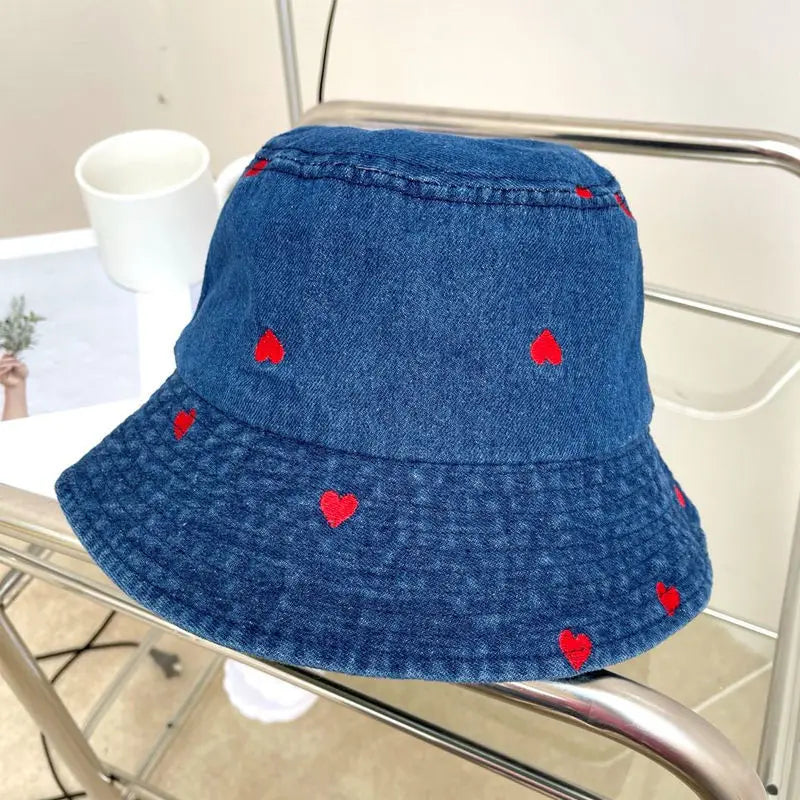 Embroidered Heart Cotton Summer Jeans Bucket Hat Cap For Women Spring Fisherman Hat Outdoor Travel Ladies Hat Gift Wholesales