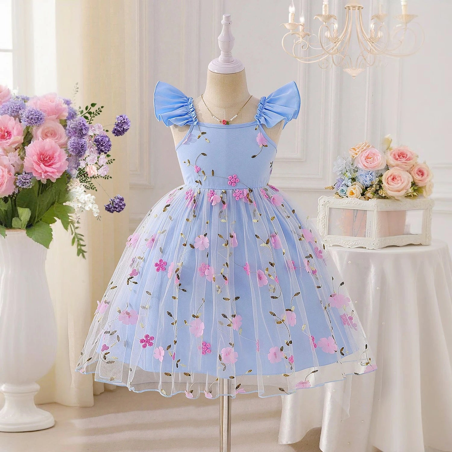 Baby Girls Summer Dresses for 3-8 Yrs Casual Embroidery Lace Mesh Princess Fairy Dress Kids Birthday Party Easter Dress for Girl
