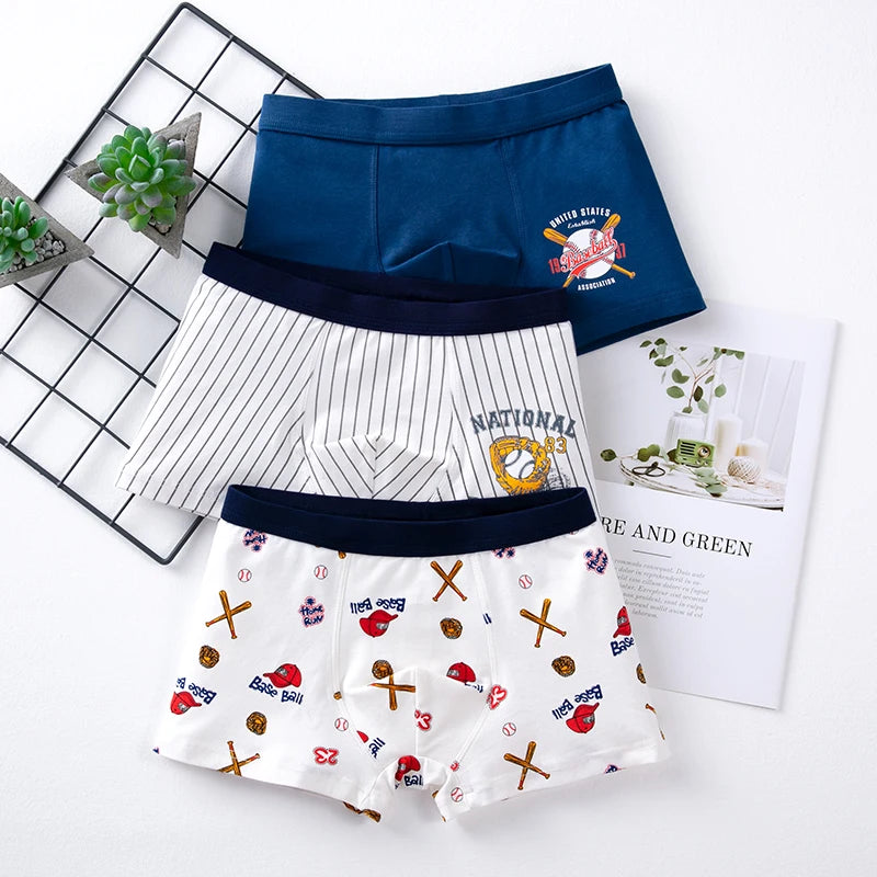 3Pcs High Quality Boys Underwear Cartoon Bears Shorts Soft Cotton Underpants Kids Teenage Striped Panties For Children 4-15Y