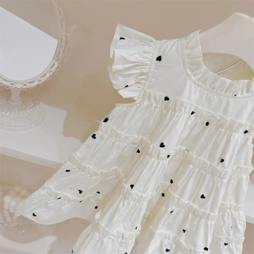 Summer Girls Sweet Cute Heart Print Sleeveless Layered Princess Dress 1 Pc 2-7 Years Kids Fashion Simple Casual Clothes