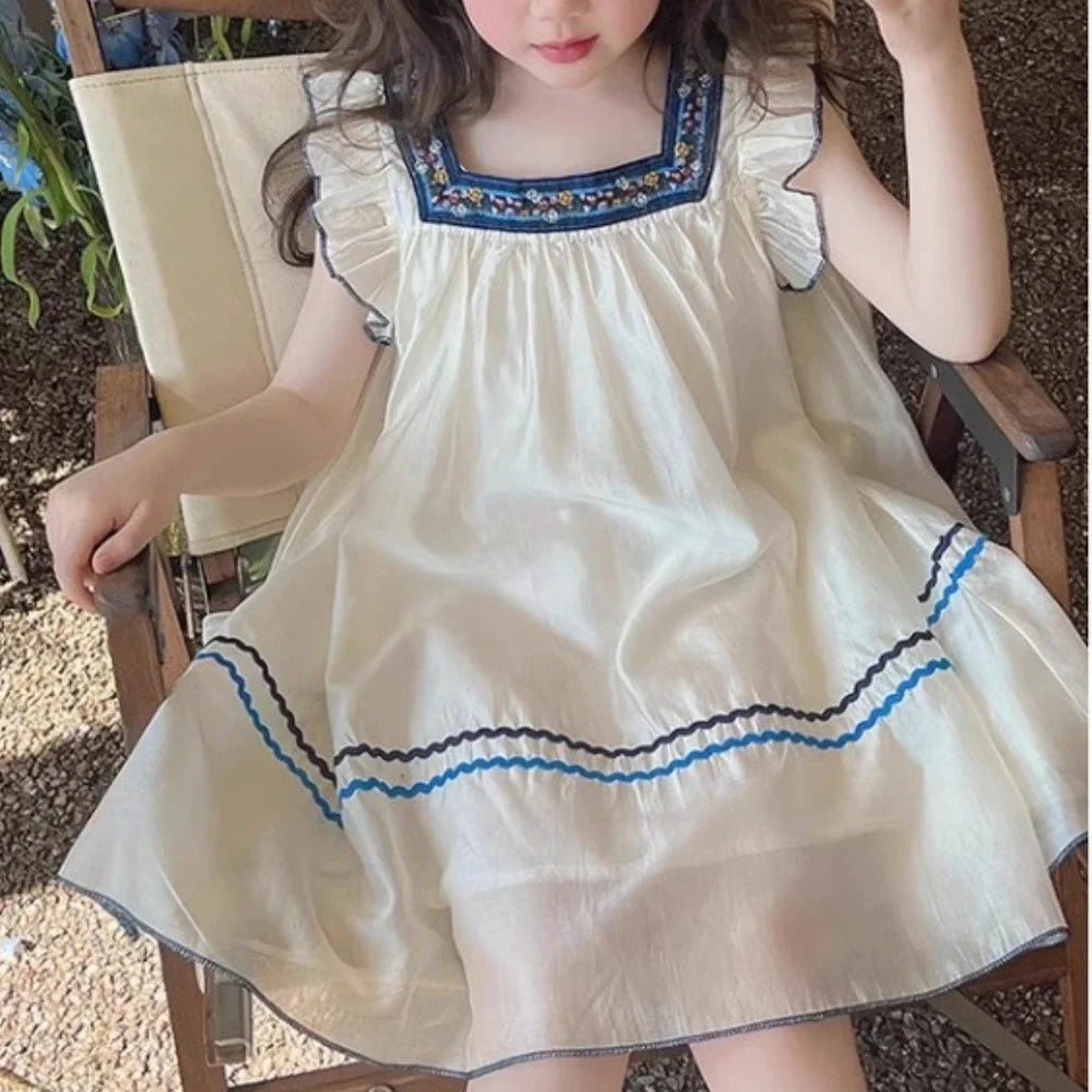 Casual Vacation Fashion Kids Clothes Summer New Ethnic Style Square Collar Flying Sleeve Baby Girls Dress