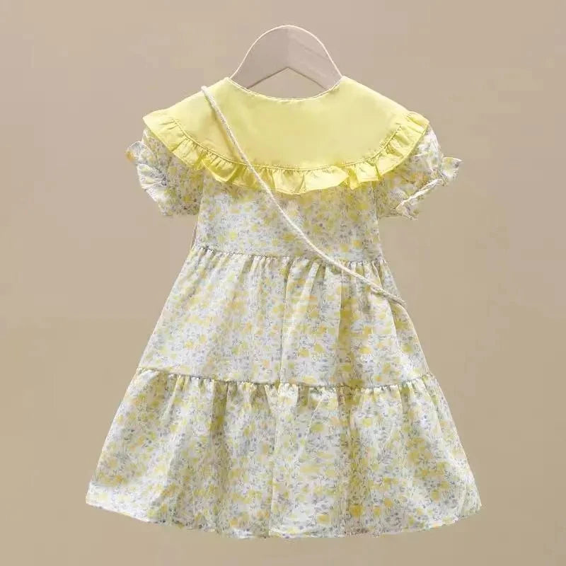 Baby Girls Dress Kids Summer Cute Flowers Dress+Inclined Shoulder Bag 1-8 Years Old Children Fashion Doll Collar Princess Dress