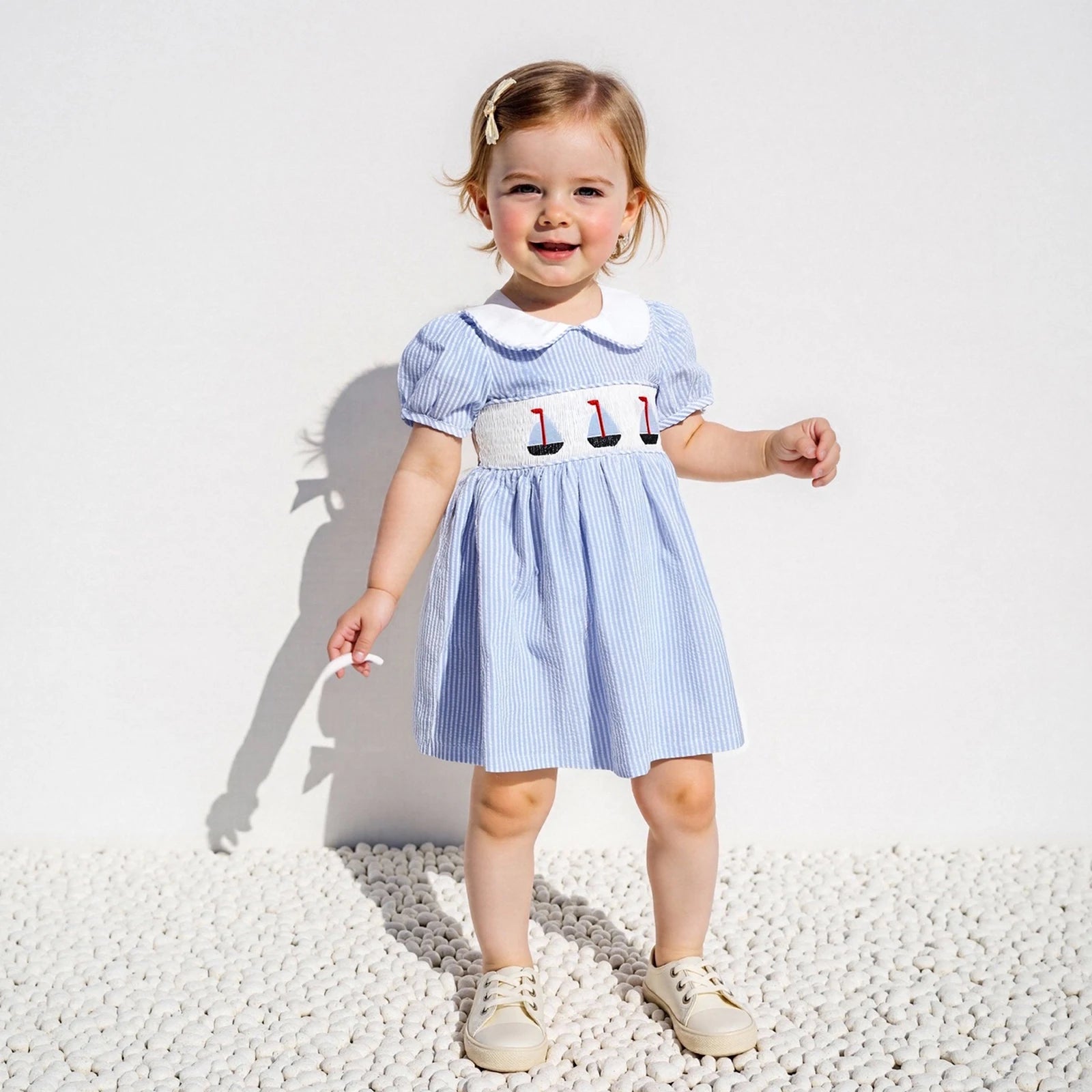 FOCUSNORM 0-7Y Little Kids Girls Summer Dress Short Puff Sleeve Stripe Print Sailing Embroidery Doll Collar A-Line Dress