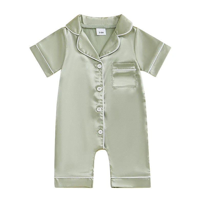 Baby Girls Boys Satin Pajamas Rompers Solid Color Turn Down Collar Short Sleeve Summer Bodysuits Jumpsuits Sleepwear