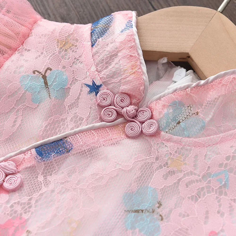 Girls Party Fashion Sleeveless Cute Butterfly Print Lace Princess Dress 1 Pc 2-7 Years Kids Summer Daily Casual Clothes
