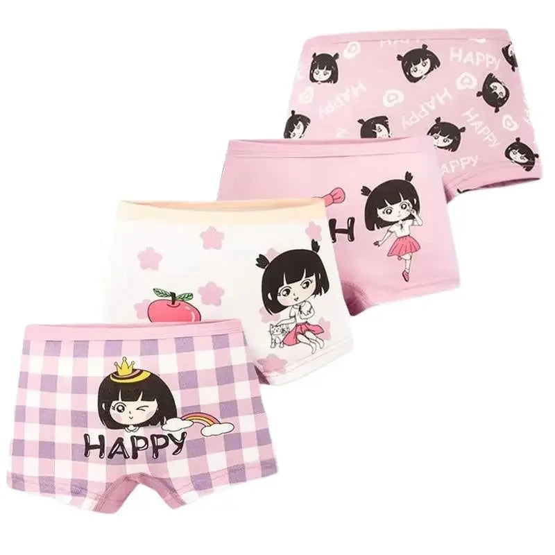 4 Packs Cotton Children Panties Girls Boxer Briefs Pink Cute Cartoon Kids Underwear Panty Antibacterial Breathable Girls Undies