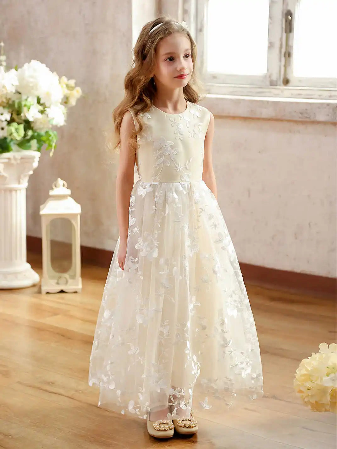 Girls Flower Girl Embroidery Flower Straight Dress Lace Daily Casual Elegant Princess Sleeveless Dresses