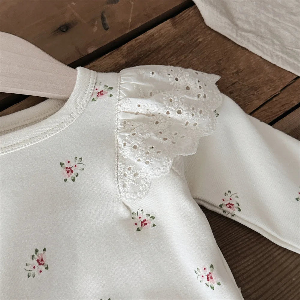 ﻿MILANCEL Spring Baby Pajamas Set Infant Girls Floral Lace Flying Sleeve Top+Pants 2Pcs Home Clothes Suit Toddler Long Johns