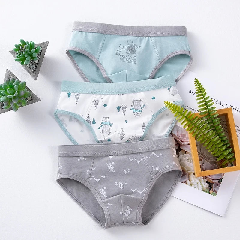 3Pcs High Quality Boys Underwear Cartoon Bears Shorts Soft Cotton Underpants Kids Teenage Striped Panties For Children 4-15Y