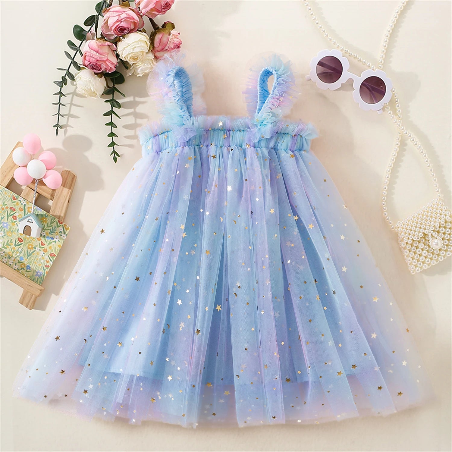 6M-5Y Summer Toddler Kid Baby Girls Tulle Dress Sweet Embroidery Flower Princess Dress for Girls Party Beach Holiday Clothing