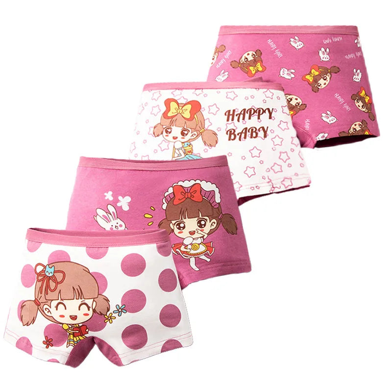 4 Packs Cotton Children Panties Girls Boxer Briefs Pink Cute Cartoon Kids Underwear Panty Antibacterial Breathable Girls Undies