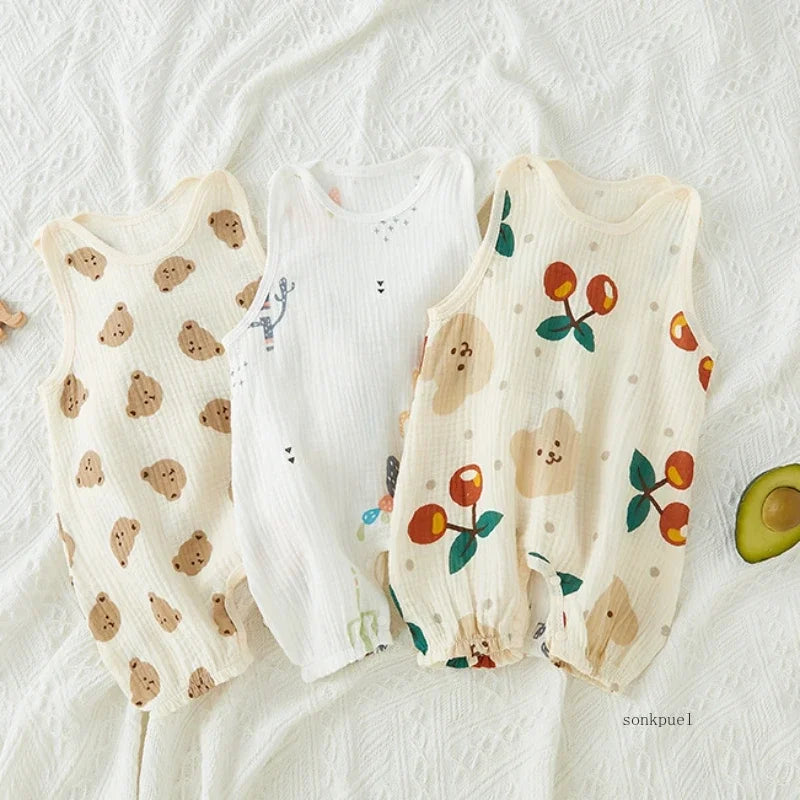 2024 Summer Baby Girls Romper Cartoon Bear Newborn Jumpsuits Infant Sleeveless Muslin Clothing for Boys Printed Outfits