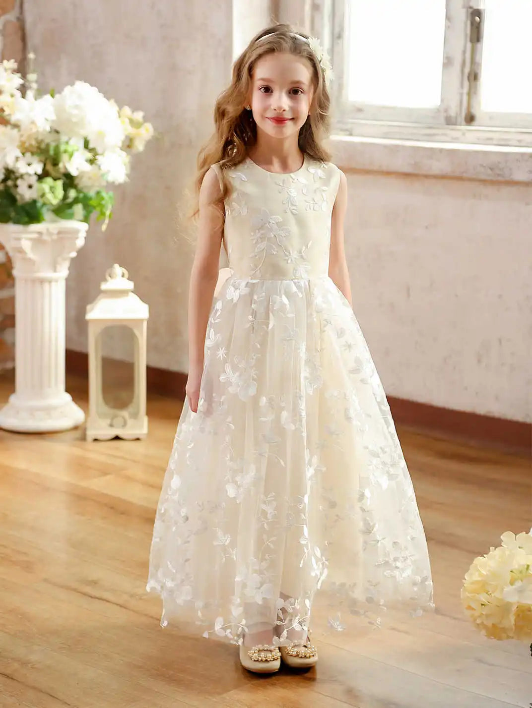 Girls Flower Girl Embroidery Flower Straight Dress Lace Daily Casual Elegant Princess Sleeveless Dresses