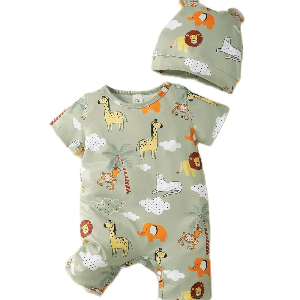0-2 Years Newborn Baby Boy Bodysuit with Hat Cartoon Animal Print Short Sleeve Romper Summer Cute Toddler Boy Jumpsuit Clothing