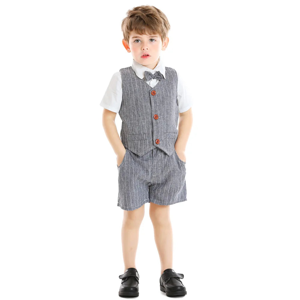 Summer New Children's Clothing European and American Striped Gentleman and Gentleman Short-sleeved Bow Slim Suit, Wholesale Deli