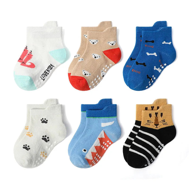 6 Pairs Kids Socks Cartoon Animal Pattern Cotton Non-Slip Floor Socks for Boys Toddler All-Season