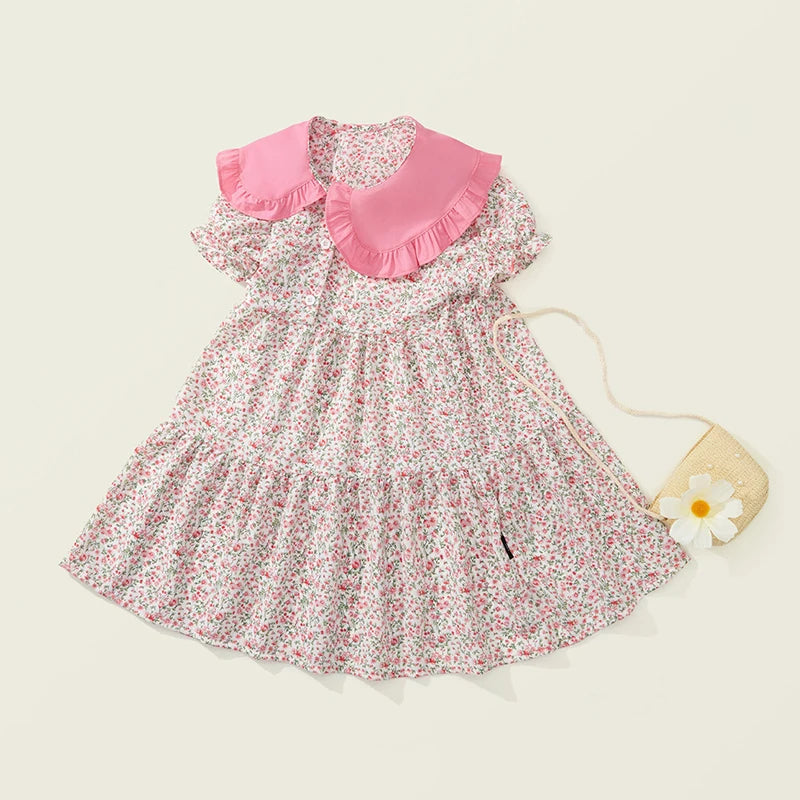 Baby Girls Dress Kids Summer Cute Flowers Dress+Inclined Shoulder Bag 1-8 Years Old Children Fashion Doll Collar Princess Dress