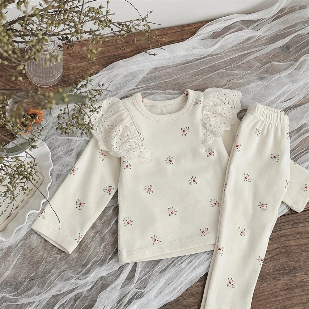﻿MILANCEL Spring Baby Pajamas Set Infant Girls Floral Lace Flying Sleeve Top+Pants 2Pcs Home Clothes Suit Toddler Long Johns
