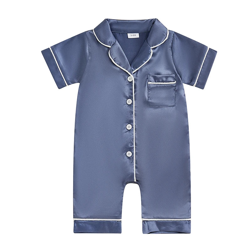 Baby Girls Boys Satin Pajamas Rompers Solid Color Turn Down Collar Short Sleeve Summer Bodysuits Jumpsuits Sleepwear