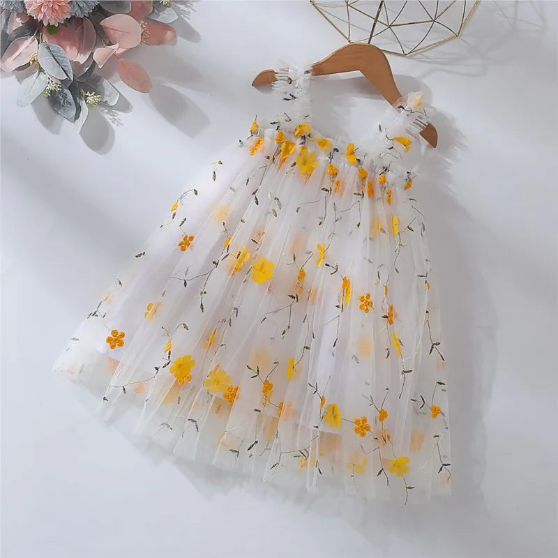 Baby Girl Princess 3D Flower Embroidery Strap Dress Sleeveless Infant Toddler Child Vestido Party Birthday Baby Clothes 1-7Y