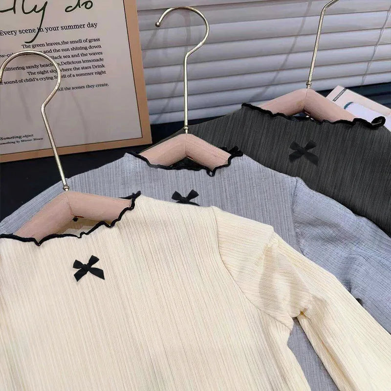 1 - 7Y Kids Girls Long Sleeve T-shirts Sweater with Ruffles and Bowknot Skin Friendly for Spring Autumn Baby Tops Undershirt