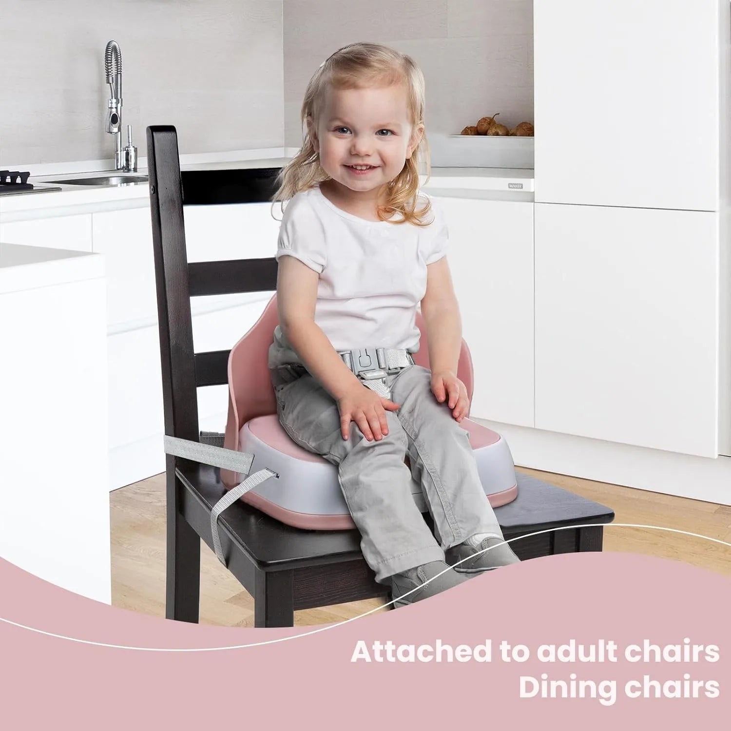 Portable booster seat for children to eat, travel high chair with 3-point harness and 2 adjustable straps, washable