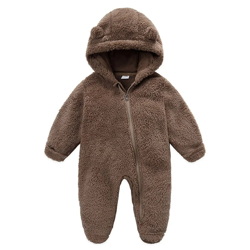 Baby Plush Rompers Autumn Newborn Boys Girls Long Sleeve Hooded Zipper Closure Jumpsuits Winter Warm Toddler Infant Outfits