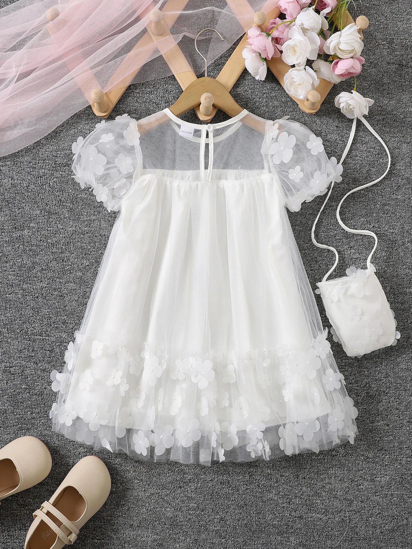 Girls Summer Mesh Splicing Three-dimensional Flower Fashion Princess Dress with Crossbody Bag Dress