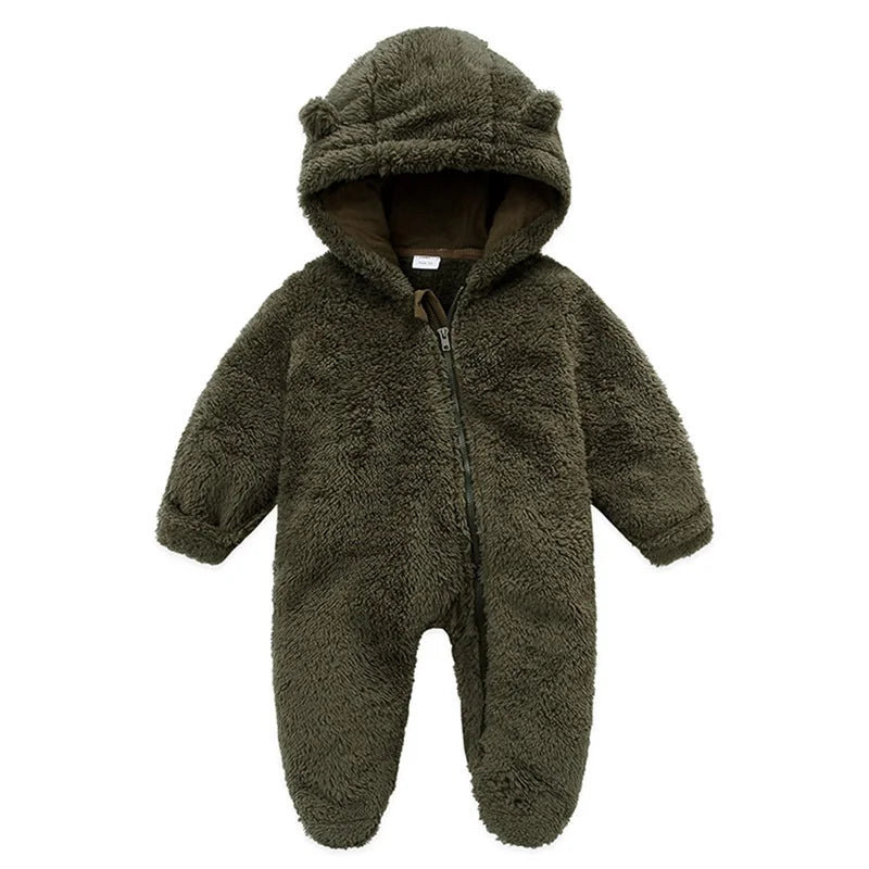 Baby Plush Rompers Autumn Newborn Boys Girls Long Sleeve Hooded Zipper Closure Jumpsuits Winter Warm Toddler Infant Outfits