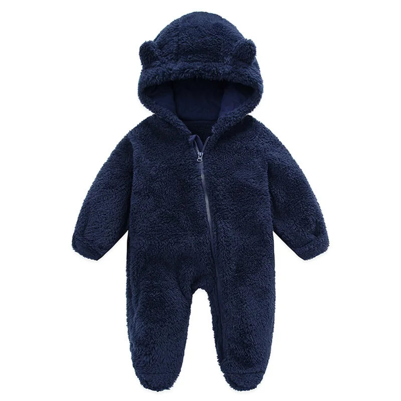Baby Plush Rompers Autumn Newborn Boys Girls Long Sleeve Hooded Zipper Closure Jumpsuits Winter Warm Toddler Infant Outfits