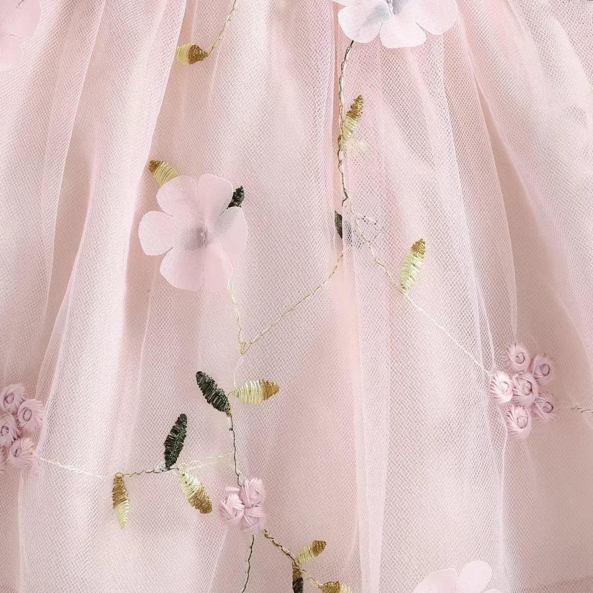 Baby Girl Pink Ribbed Long-Sleeve Bowknot Floral Embroidered Mesh Dress Perfect For Outings And Daily Wear