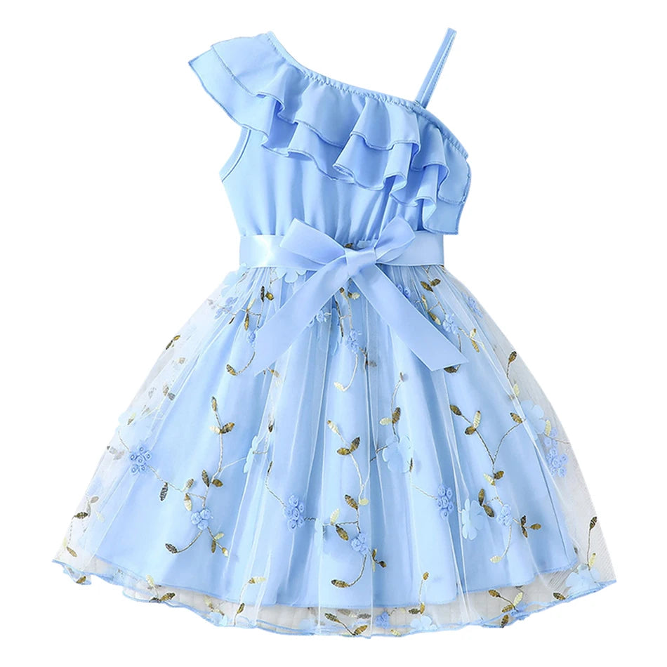 Summer Fashion Girls Party Dresses Baby Kids England Style Lotus Leaf Sloping Shoulder Suspender A-line Skirt Children Clothes