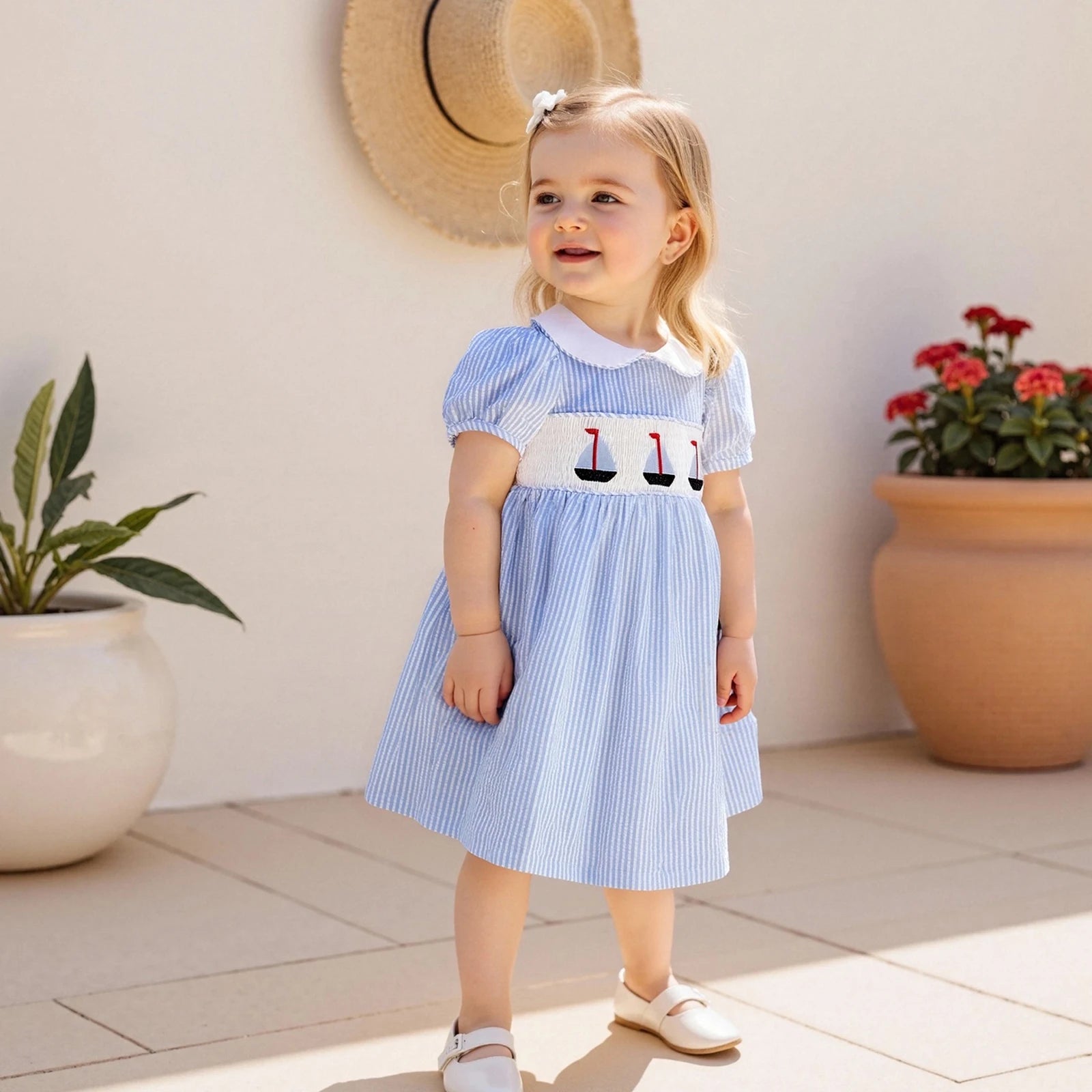 FOCUSNORM 0-7Y Little Kids Girls Summer Dress Short Puff Sleeve Stripe Print Sailing Embroidery Doll Collar A-Line Dress