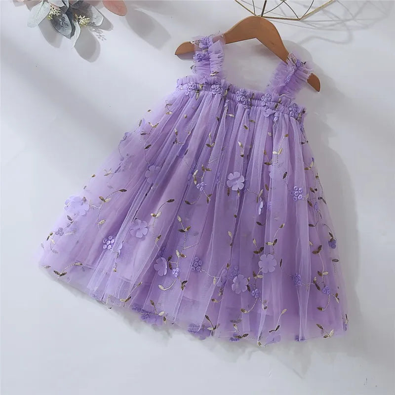 Baby Girl Princess 3D Flower Embroidery Strap Dress Sleeveless Infant Toddler Child Vestido Party Birthday Baby Clothes 1-7Y