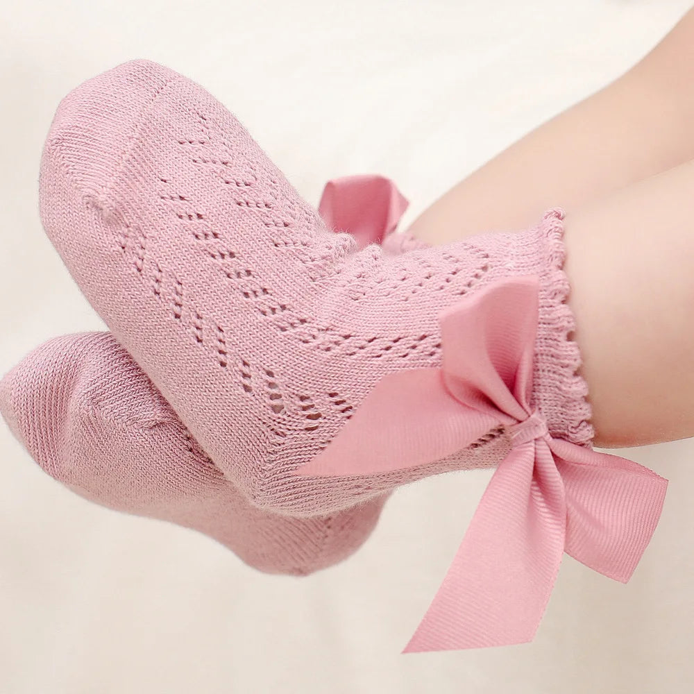 Baby Girls Socks With Big Bows Breathable Children Girl Short Socks Hollow Toddlers Kids Cotton Princess Cute Socks For 0-5Years