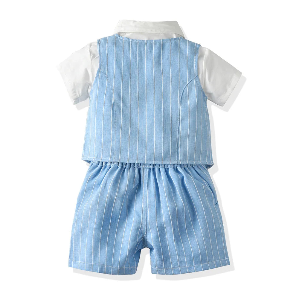 Summer New Children's Clothing European and American Striped Gentleman and Gentleman Short-sleeved Bow Slim Suit, Wholesale Deli