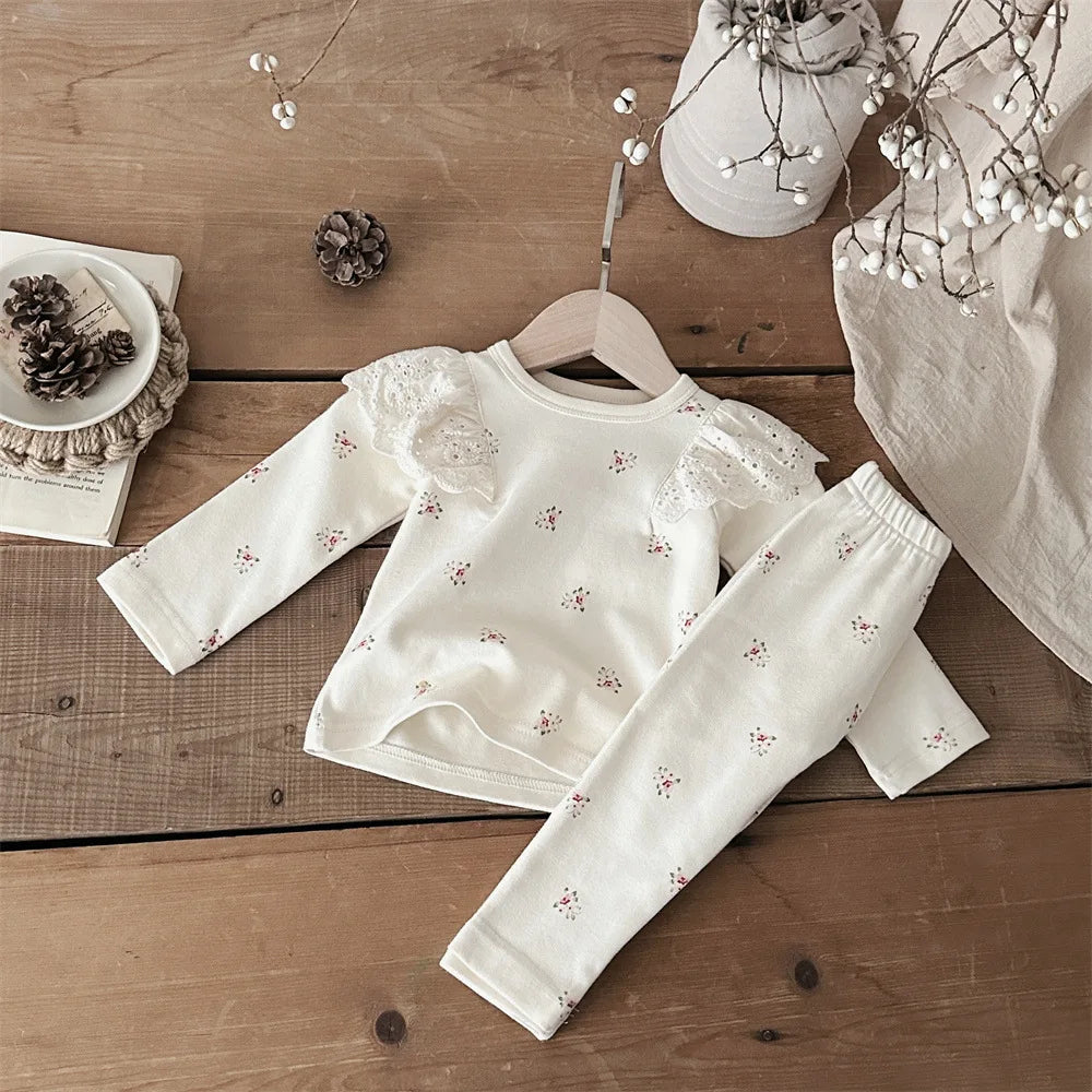 ﻿MILANCEL Spring Baby Pajamas Set Infant Girls Floral Lace Flying Sleeve Top+Pants 2Pcs Home Clothes Suit Toddler Long Johns