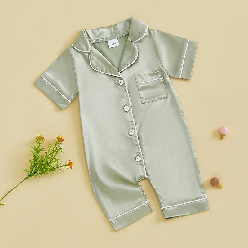 Baby Girls Boys Satin Pajamas Rompers Solid Color Turn Down Collar Short Sleeve Summer Bodysuits Jumpsuits Sleepwear