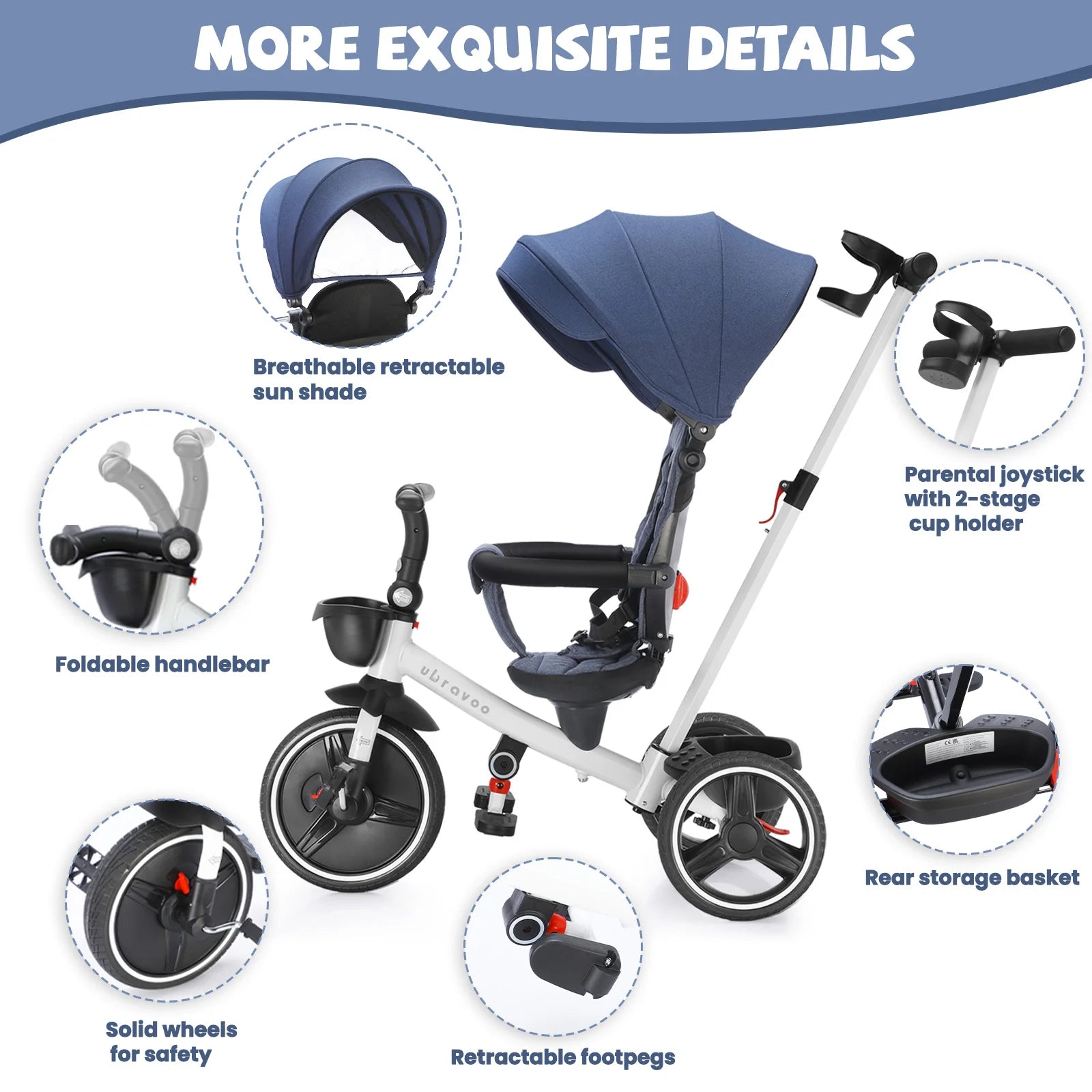 6-in-1 Baby Tricycle, Folding Kids Trike with Adjustable Parent Handle, Safety Harness, Wheel Brakes, and Removable Canopy
