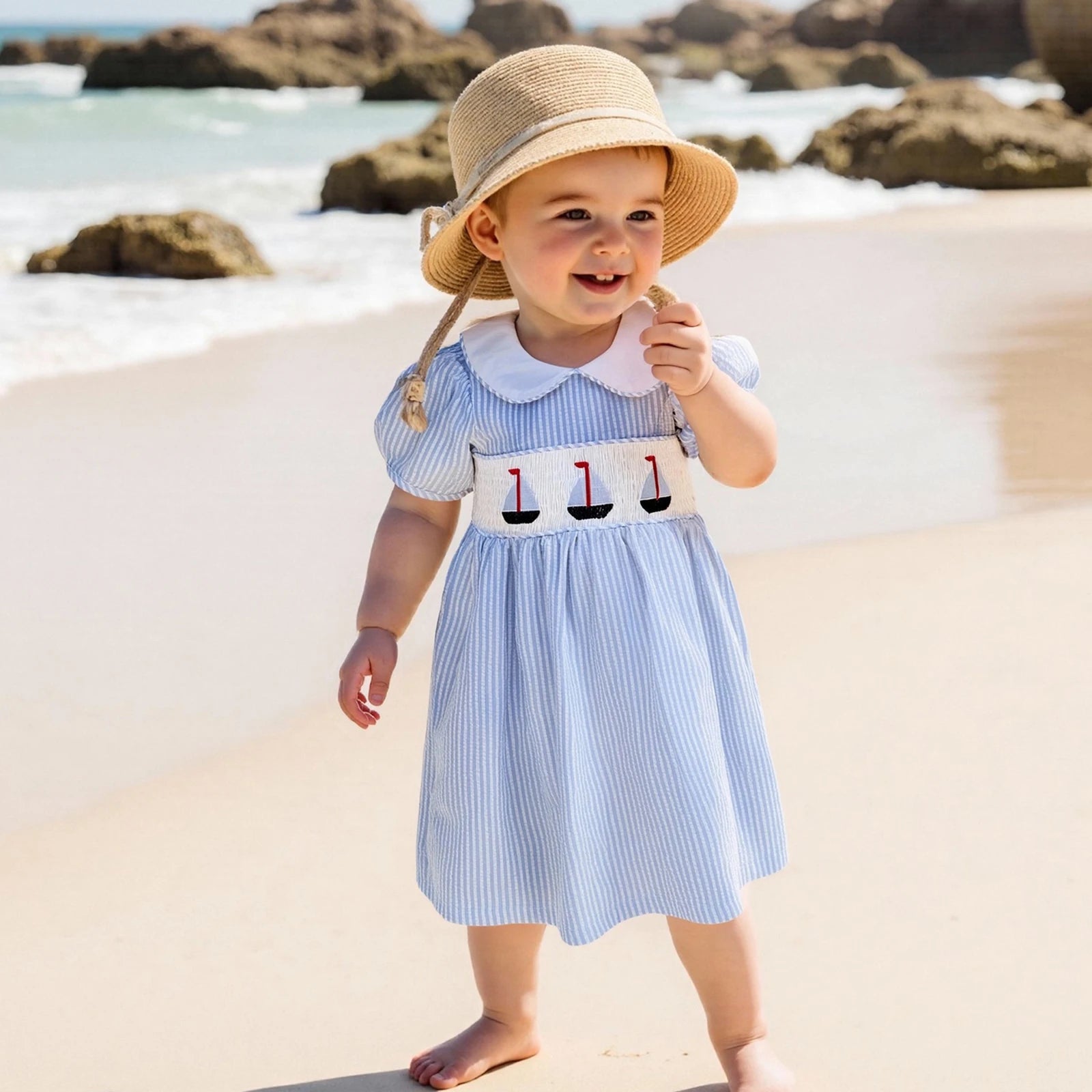 FOCUSNORM 0-7Y Little Kids Girls Summer Dress Short Puff Sleeve Stripe Print Sailing Embroidery Doll Collar A-Line Dress