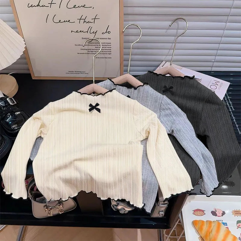 1 - 7Y Kids Girls Long Sleeve T-shirts Sweater with Ruffles and Bowknot Skin Friendly for Spring Autumn Baby Tops Undershirt