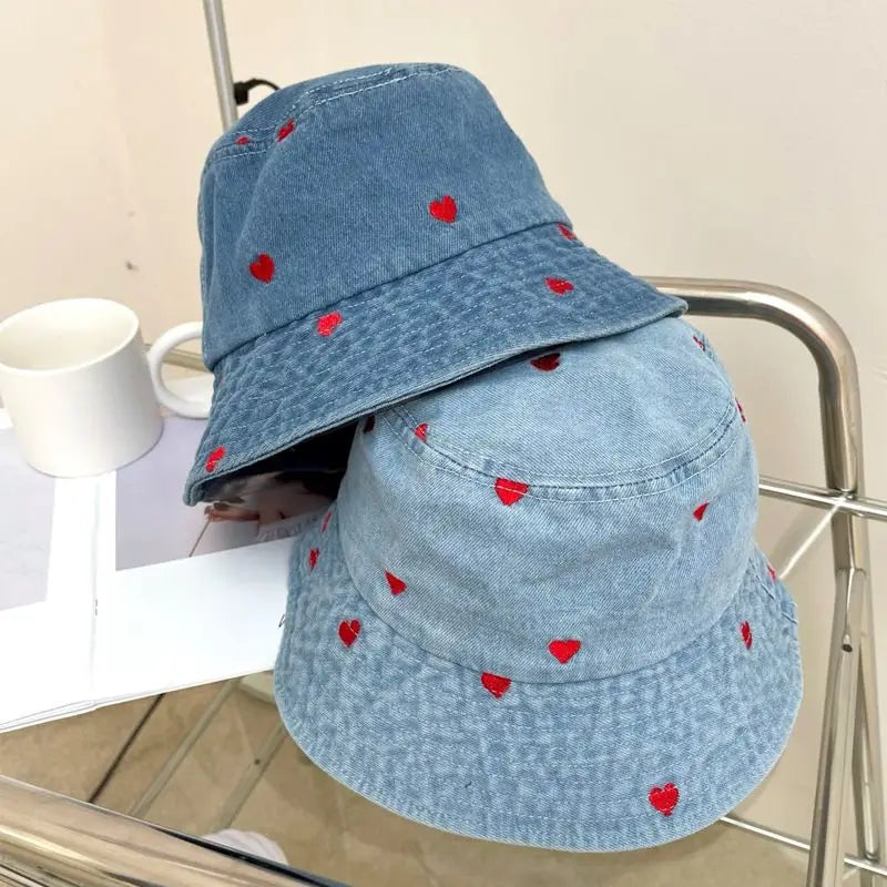 Embroidered Heart Cotton Summer Jeans Bucket Hat Cap For Women Spring Fisherman Hat Outdoor Travel Ladies Hat Gift Wholesales