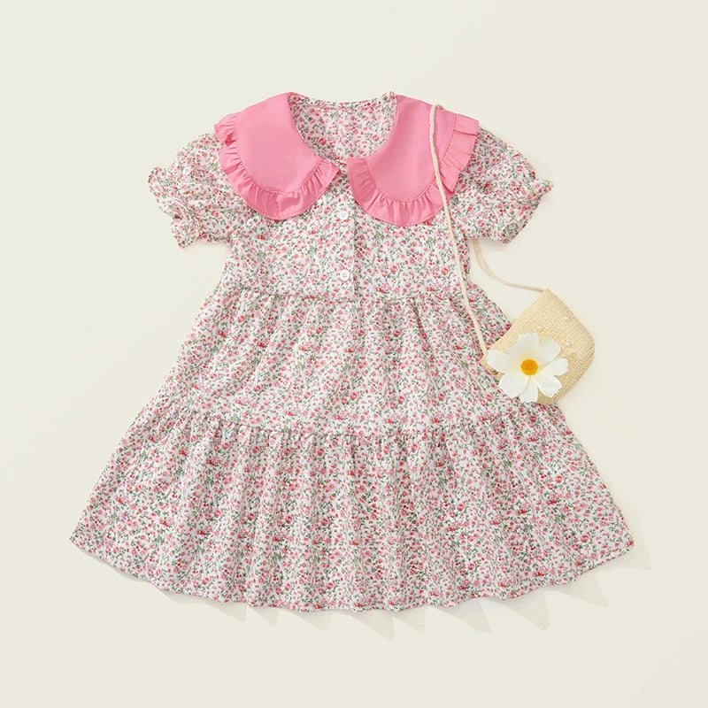 Baby Girls Dress Kids Summer Cute Flowers Dress+Inclined Shoulder Bag 1-8 Years Old Children Fashion Doll Collar Princess Dress