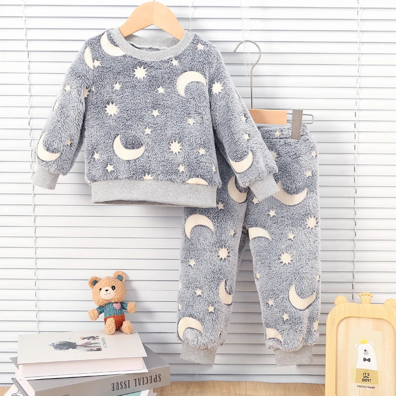 Baby Boys Autumn/Winter Plush Night Fluorescent Home Fur Baby Warm Pajama Set Fashionable and Comfortable Child Accessories