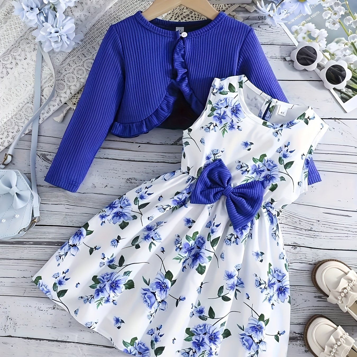2pcs Set Girls' Elegant Floral Print Bow Decorative Sleeveless Round Neck Dress + Solid Color Pleated Jacket Set, Perfect Choice for Spring, Summer, Autumn, Perfect for Gifts, Festive Parties, for Outdoor