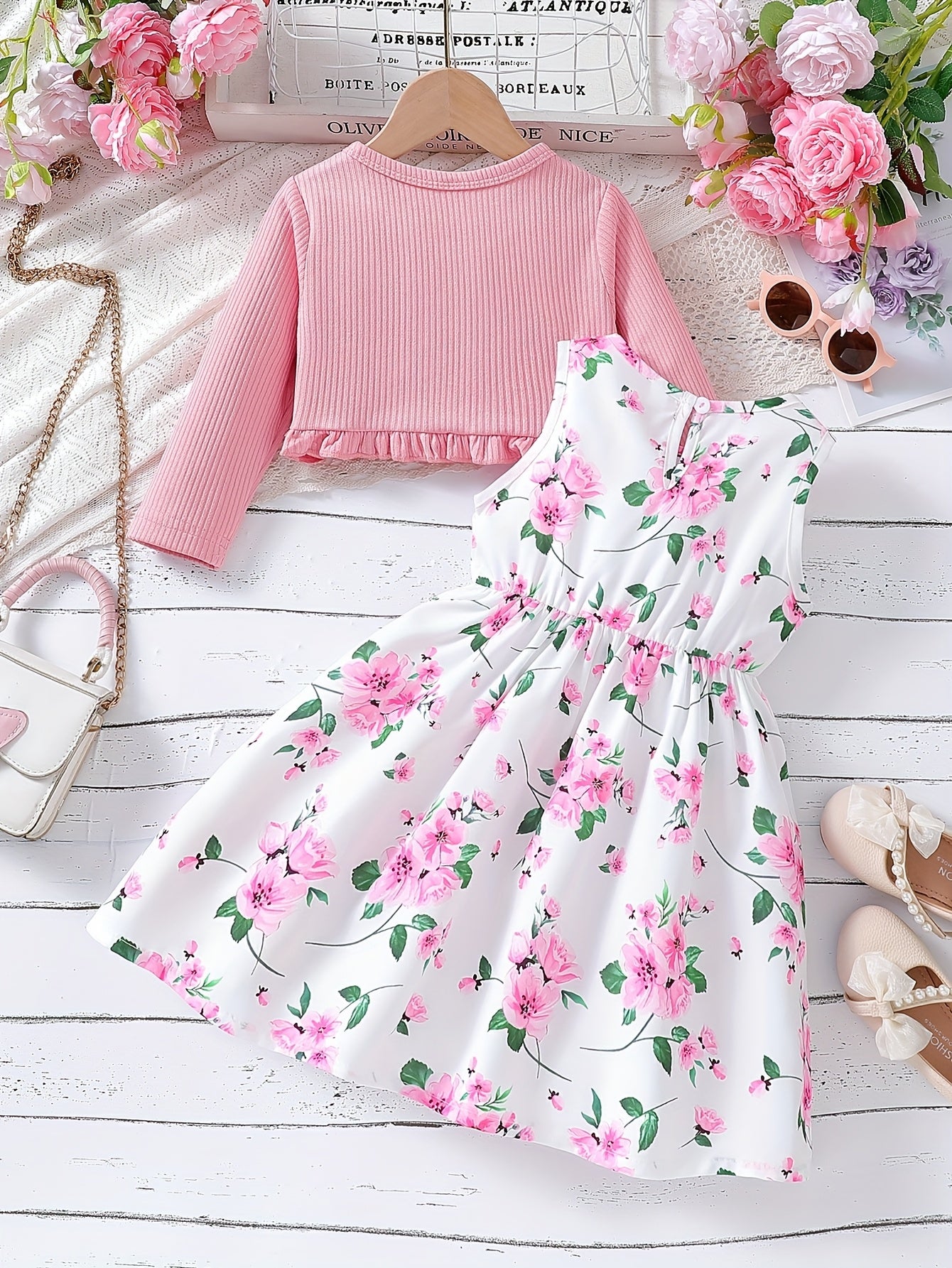 2pcs Set Girls' Elegant Floral Print Bow Decorative Sleeveless Round Neck Dress + Solid Color Pleated Jacket Set, Perfect Choice for Spring, Summer, Autumn, Perfect for Gifts, Festive Parties, for Outdoor