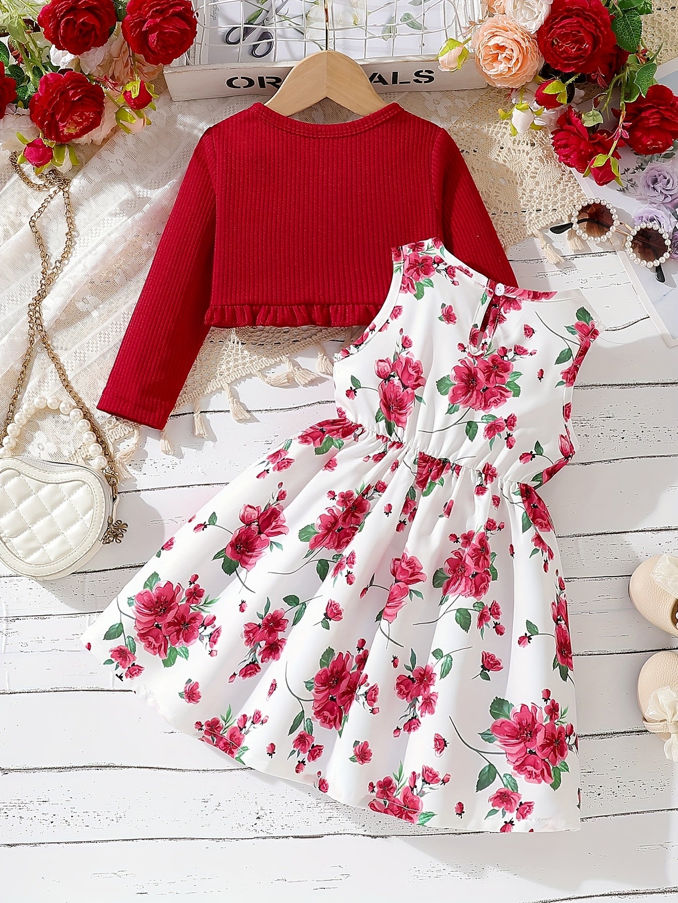 2pcs Set Girls' Elegant Floral Print Bow Decorative Sleeveless Round Neck Dress + Solid Color Pleated Jacket Set, Perfect Choice for Spring, Summer, Autumn, Perfect for Gifts, Festive Parties, for Outdoor