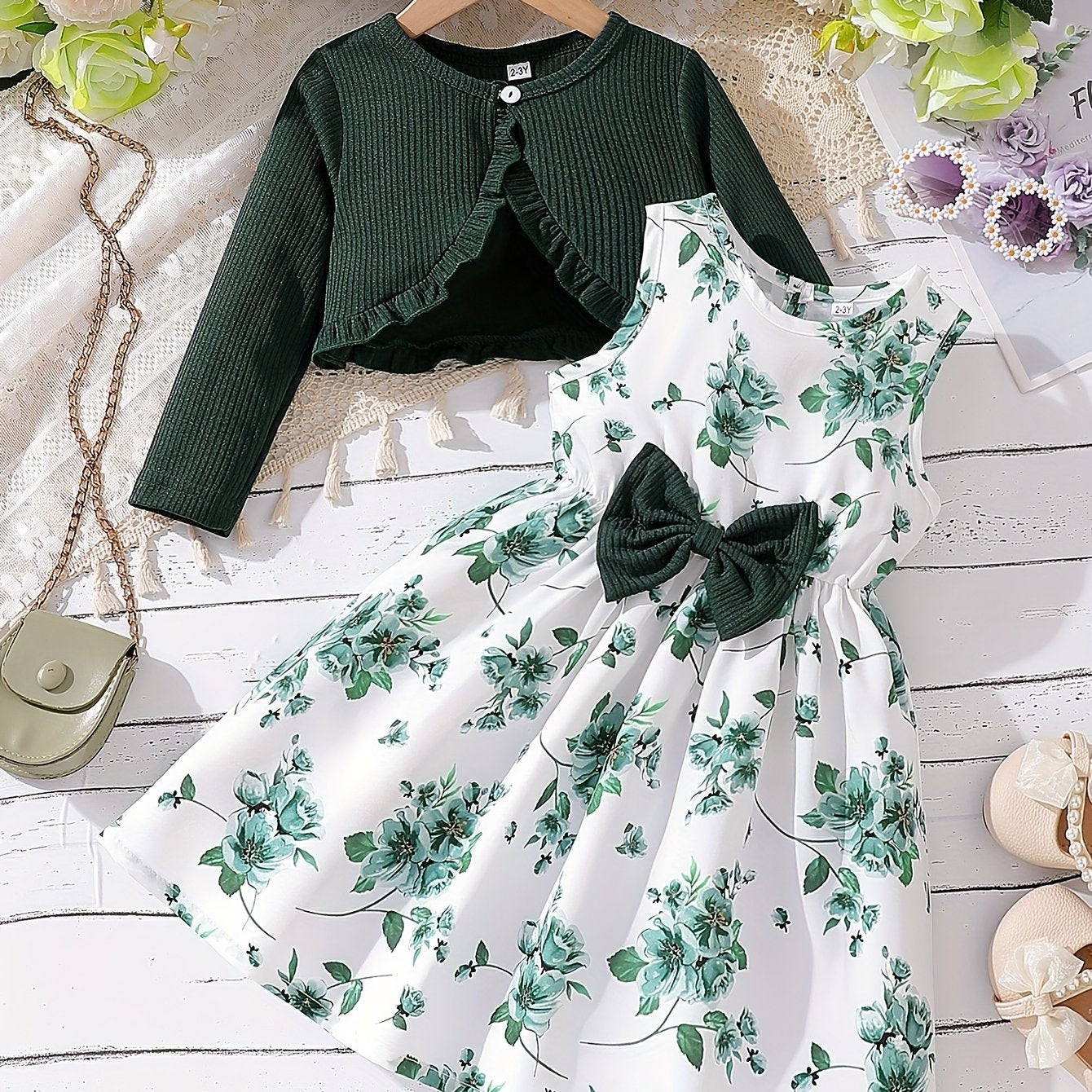 2pcs Set Girls' Elegant Floral Print Bow Decorative Sleeveless Round Neck Dress + Solid Color Pleated Jacket Set, Perfect Choice for Spring, Summer, Autumn, Perfect for Gifts, Festive Parties, for Outdoor