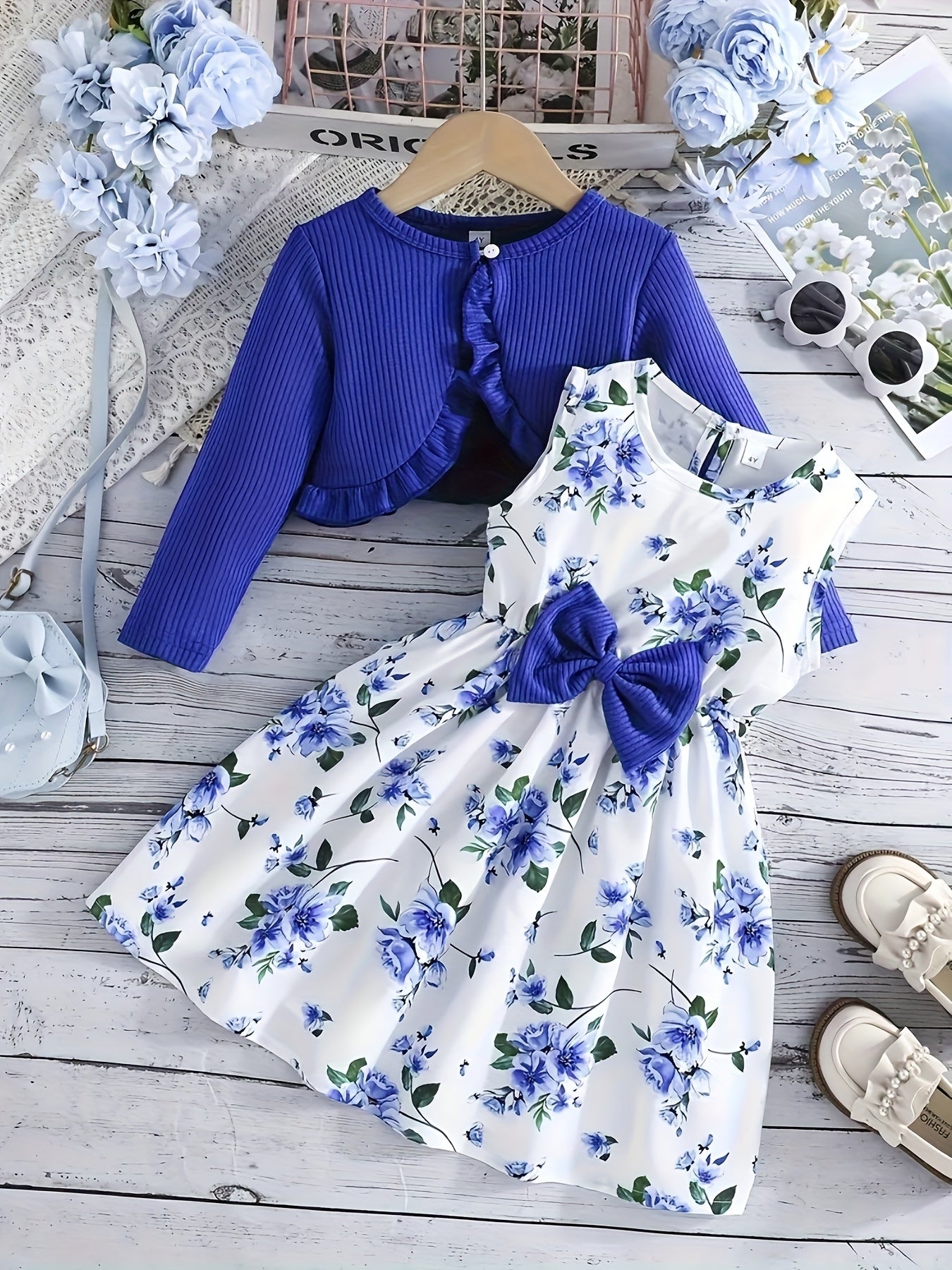 2pcs Set Girls' Elegant Floral Print Bow Decorative Sleeveless Round Neck Dress + Solid Color Pleated Jacket Set, Perfect Choice for Spring, Summer, Autumn, Perfect for Gifts, Festive Parties, for Outdoor