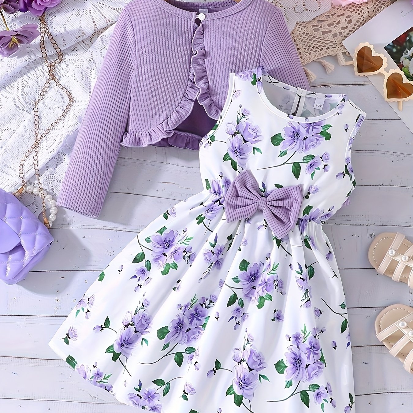 2pcs Set Girls' Elegant Floral Print Bow Decorative Sleeveless Round Neck Dress + Solid Color Pleated Jacket Set, Perfect Choice for Spring, Summer, Autumn, Perfect for Gifts, Festive Parties, for Outdoor